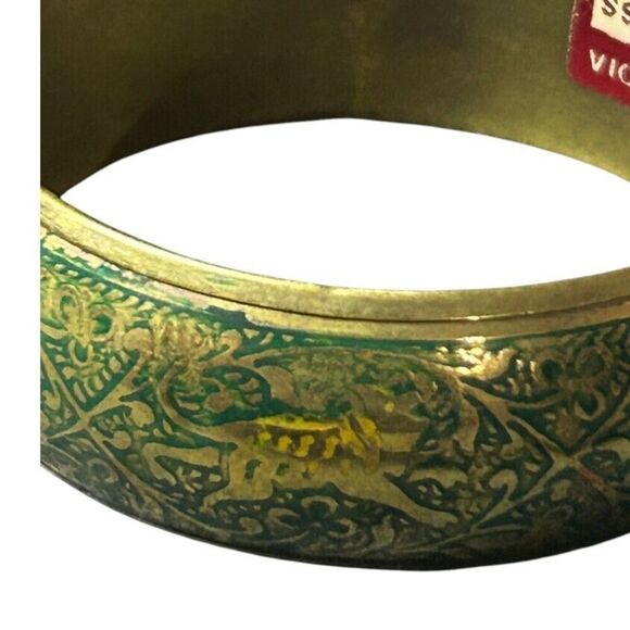 Vintage Brass Bangle Bracelet Etched Elephant  Tiger Green Enamel Made In India‎ - Picture 13 of 14